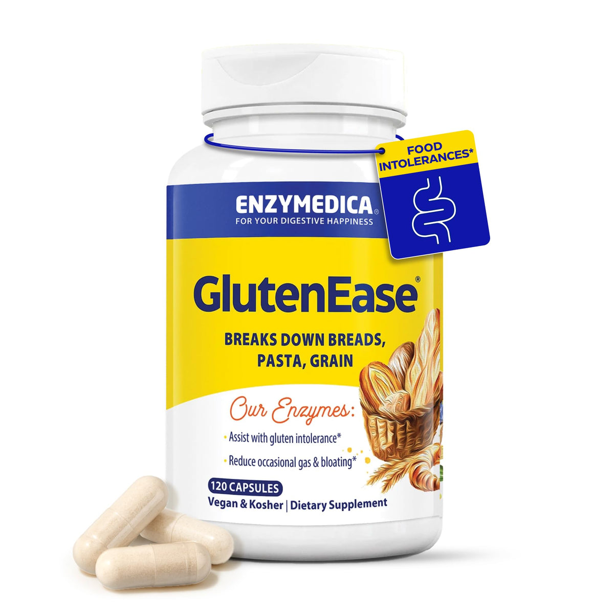 GlutenEase de Enzymedica, envase de cápsulas para apoyo digestivo tras comidas