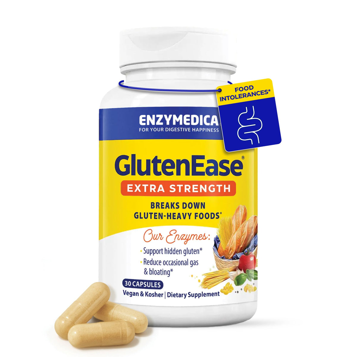 Enzymedica GlutenEase cápsulas frente, apoyan la digestión de gluten