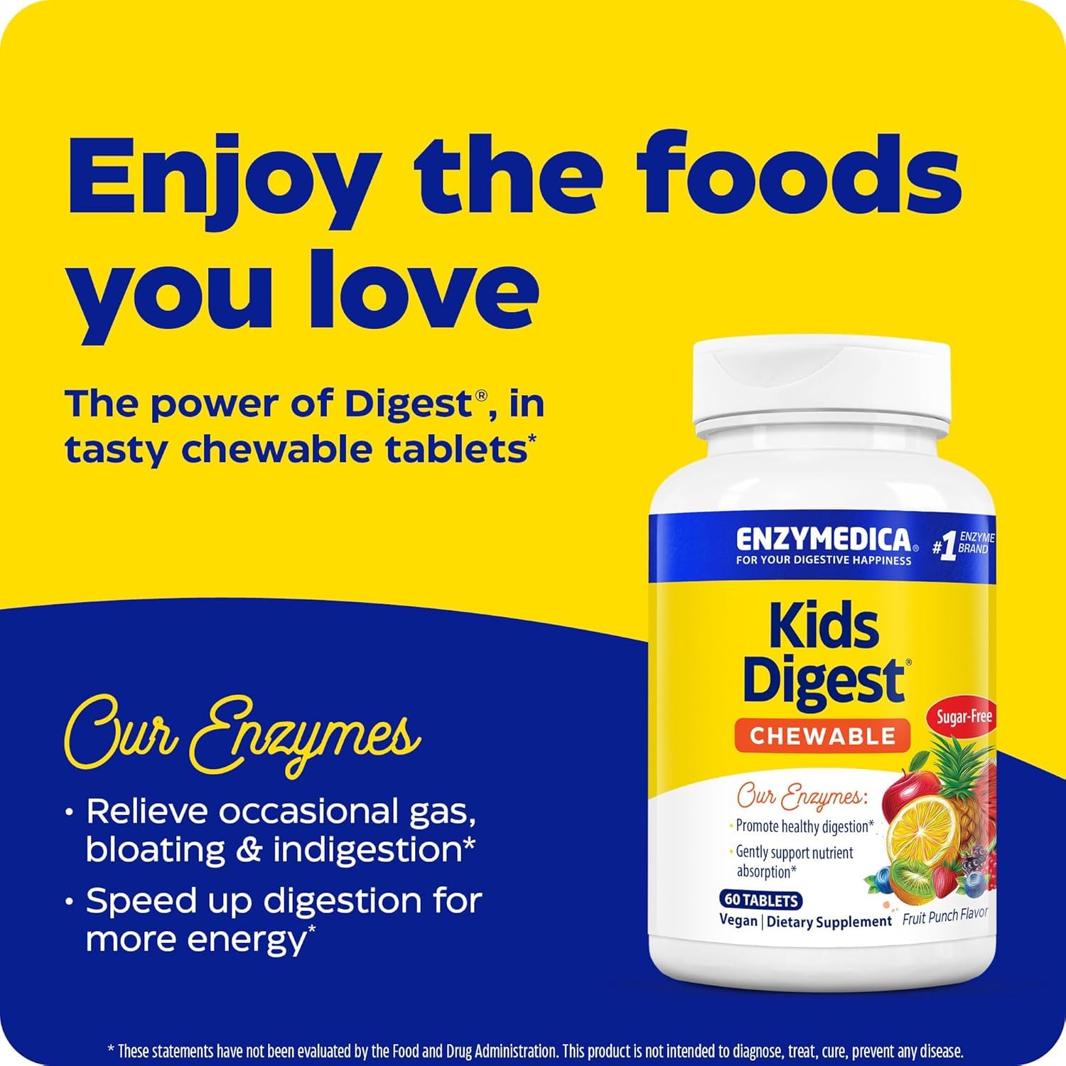 Enzymedica Kids Digest etiqueta colorida, sabor fruta que encanta a los niños