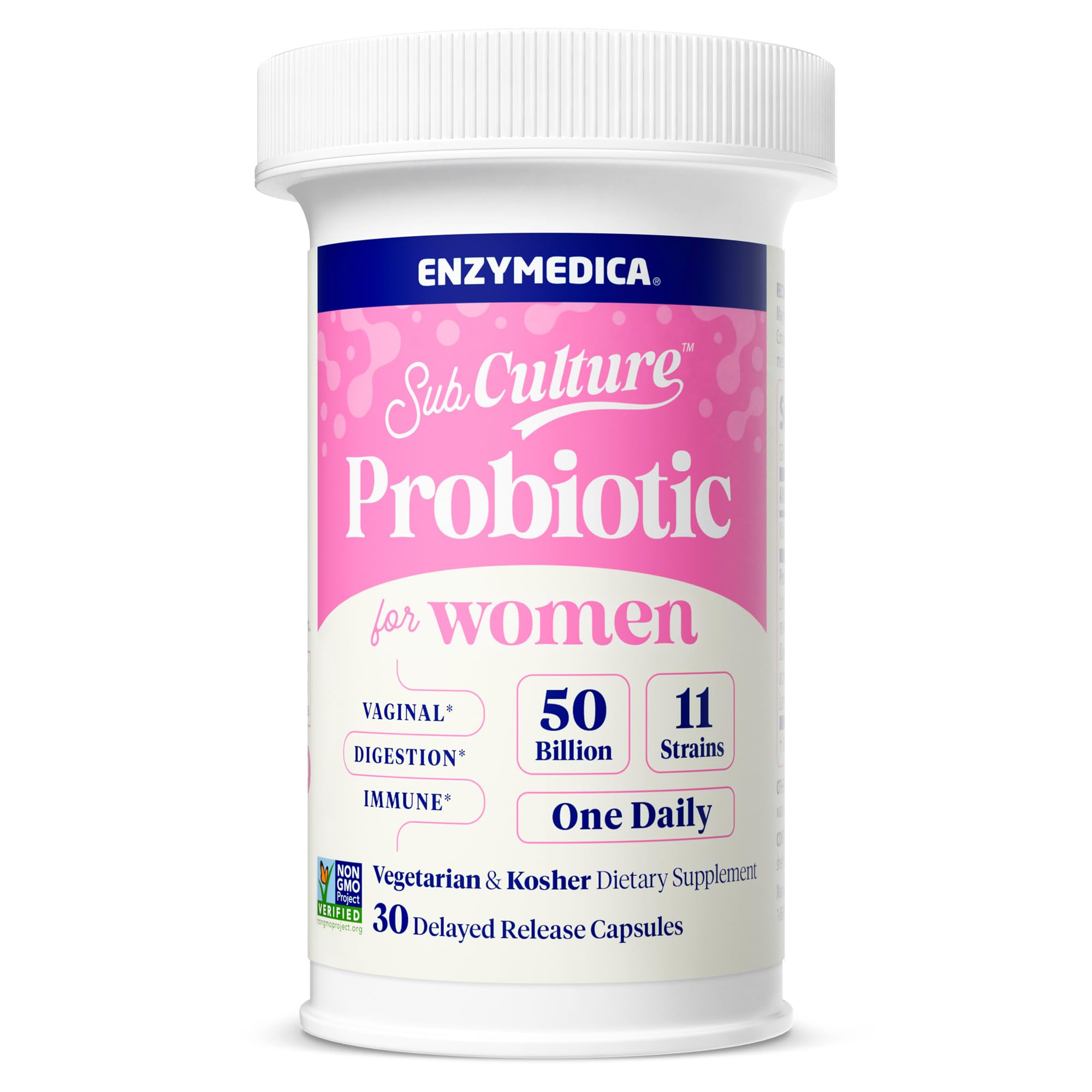Enzymedica SubCulture para mujeres en botella, apoyo diario para salud intestinal y femenina.