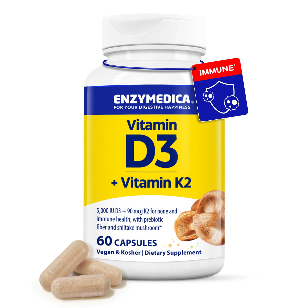 Enzymedica Vitamina D3 K2 botella: soporte óseo con dosis diaria.