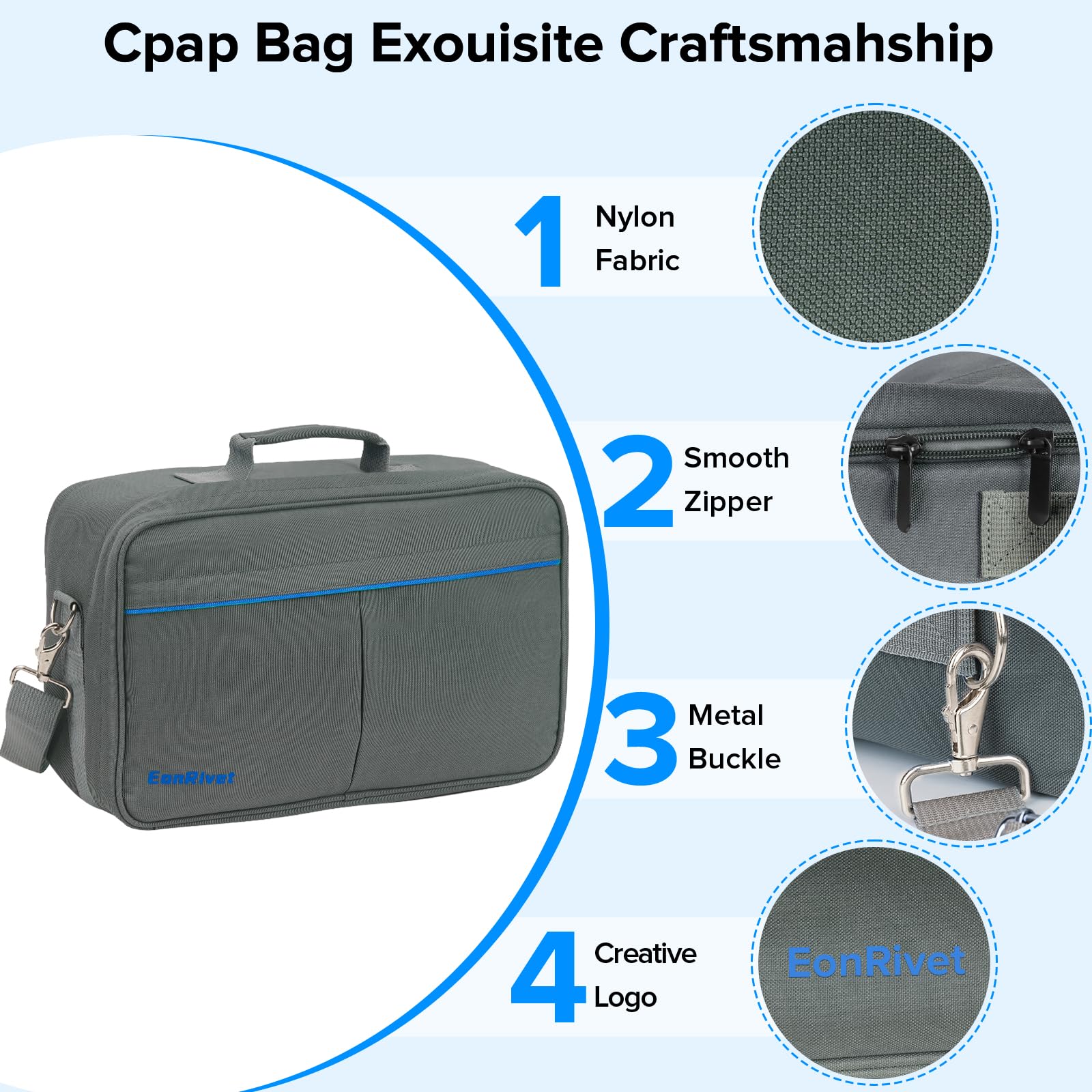 Espacio para accesorios dentro de la bolsa CPAP EonRivet.