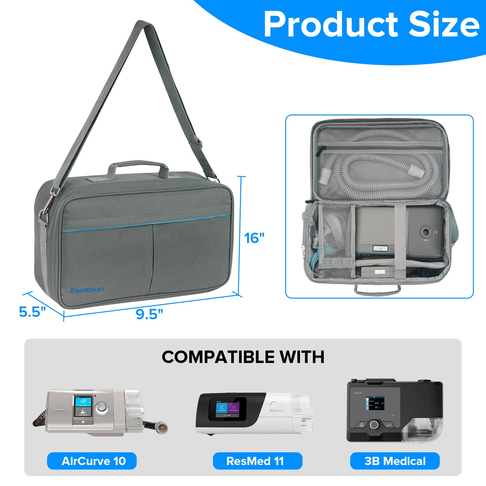 Interior organizado de la bolsa CPAP EonRivet para todo el equipo.