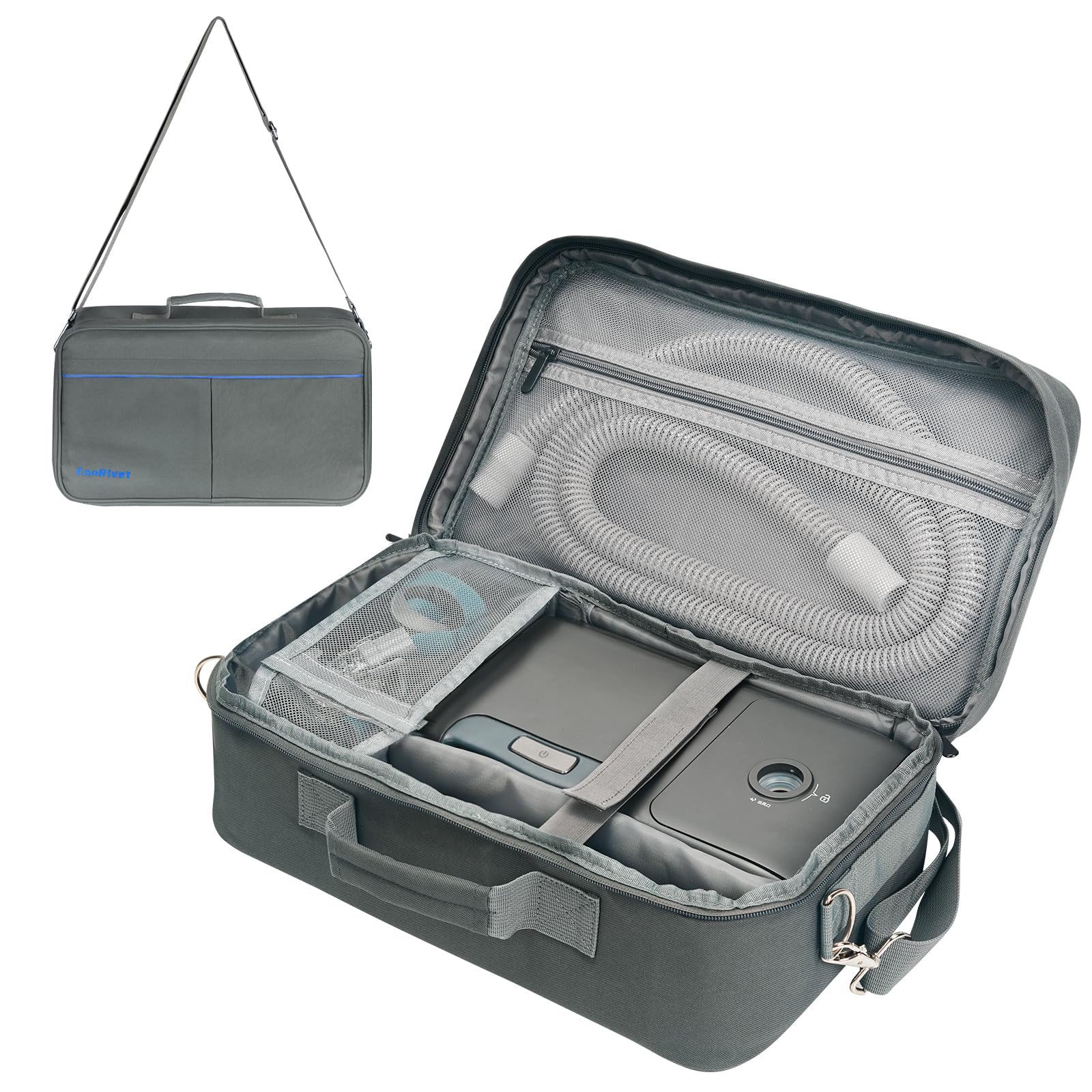 Bolsa CPAP universal EonRivet vista frontal, lista para viajar.