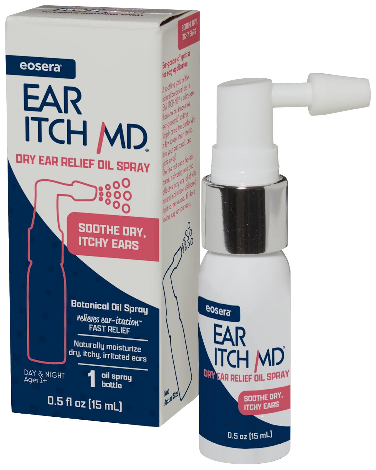 Botella eosera Ear Itch MD con pulverizador para aplicación suave y precisa.