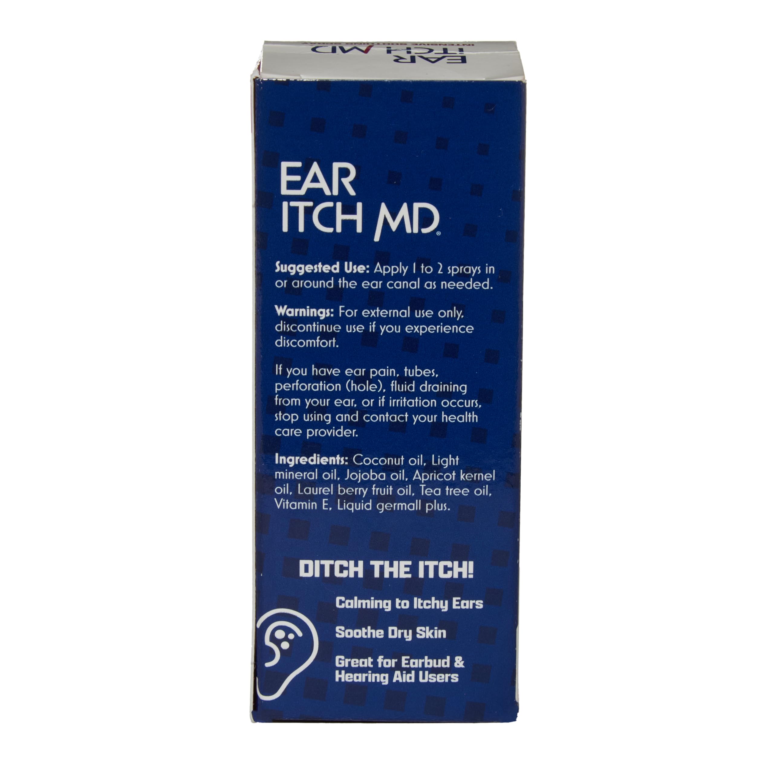 Envase práctico de eosera Ear Itch MD para uso rápido y limpio.