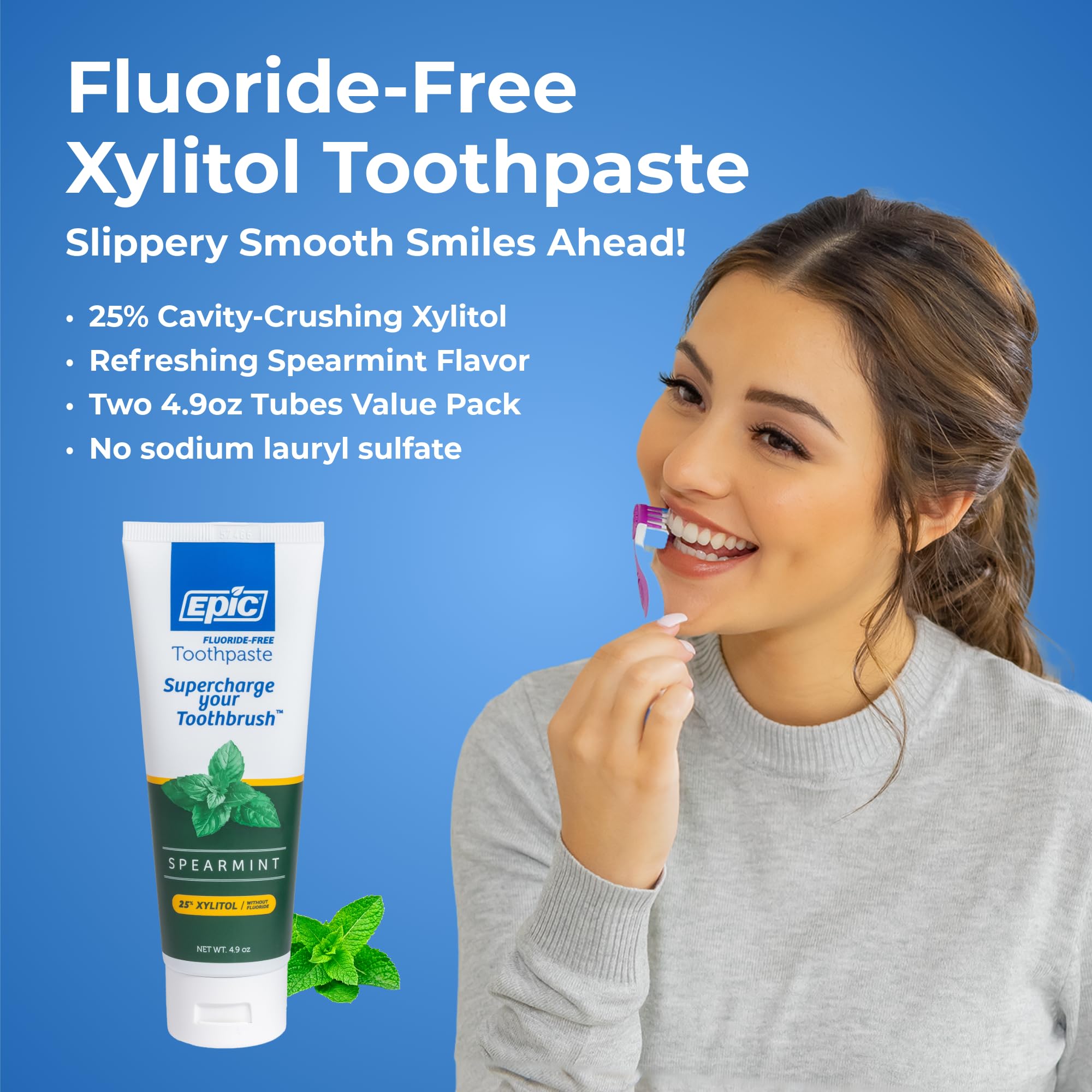 Epic pasta dental sin fluoruro para cuidado suave y seguro.