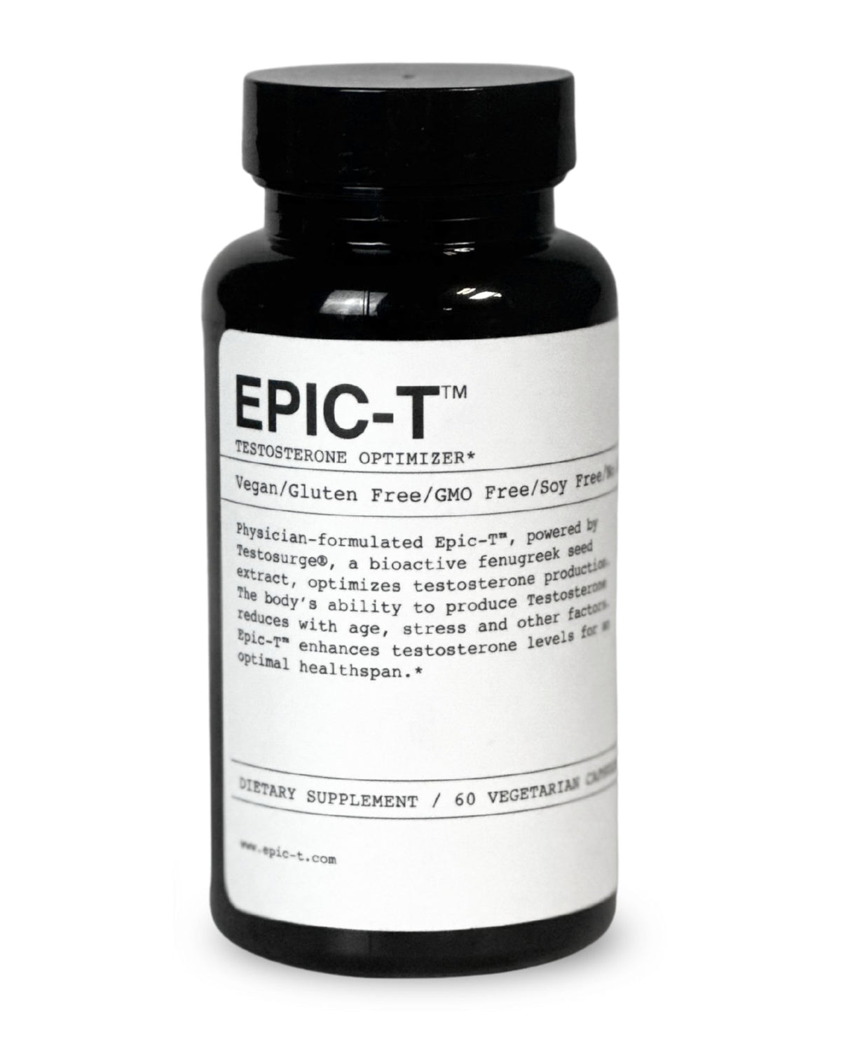 EPIC-T: bote de cápsulas para apoyo diario de bienestar masculino y estilo de vida activo.