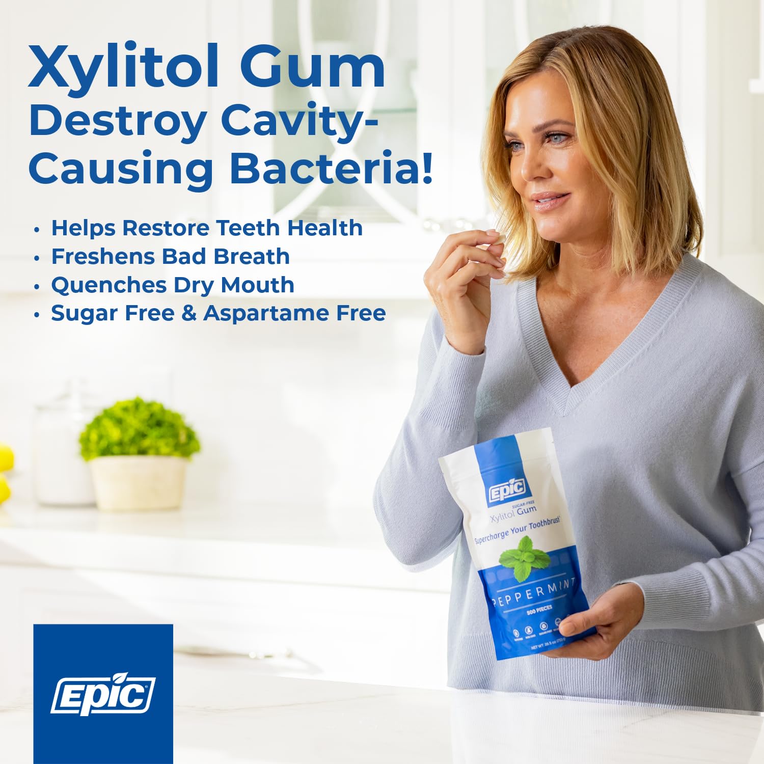 Epic Xilitol Menta: chicle masticado con textura crujiente para frescura.