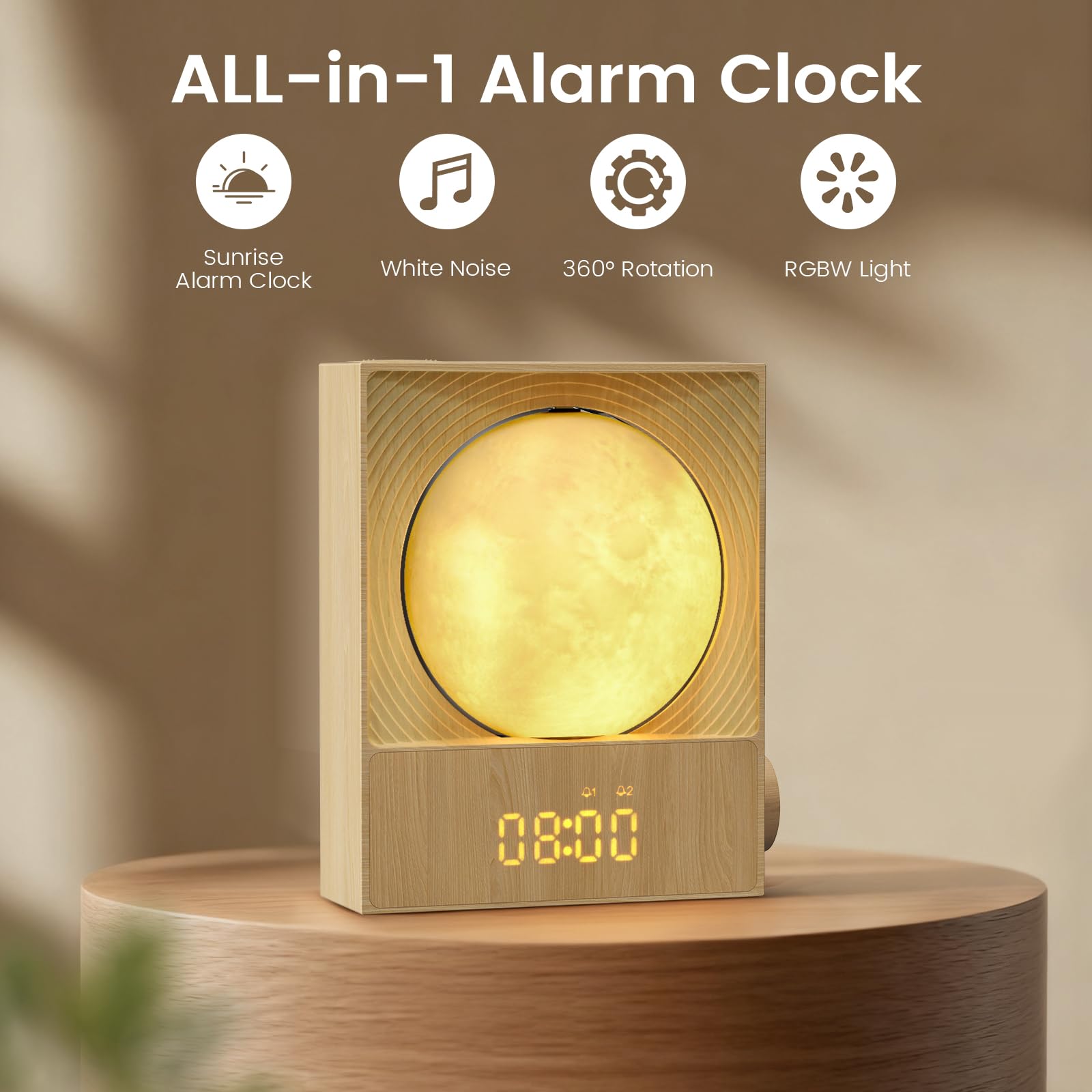 Epochleno luna 360° rotatoria, iluminación envolvente para relajación nocturna.