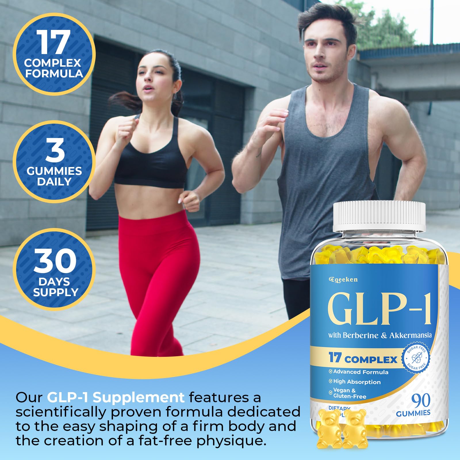 Eqeeken GLP-1 gominolas, botella con etiqueta de ingredientes legible.