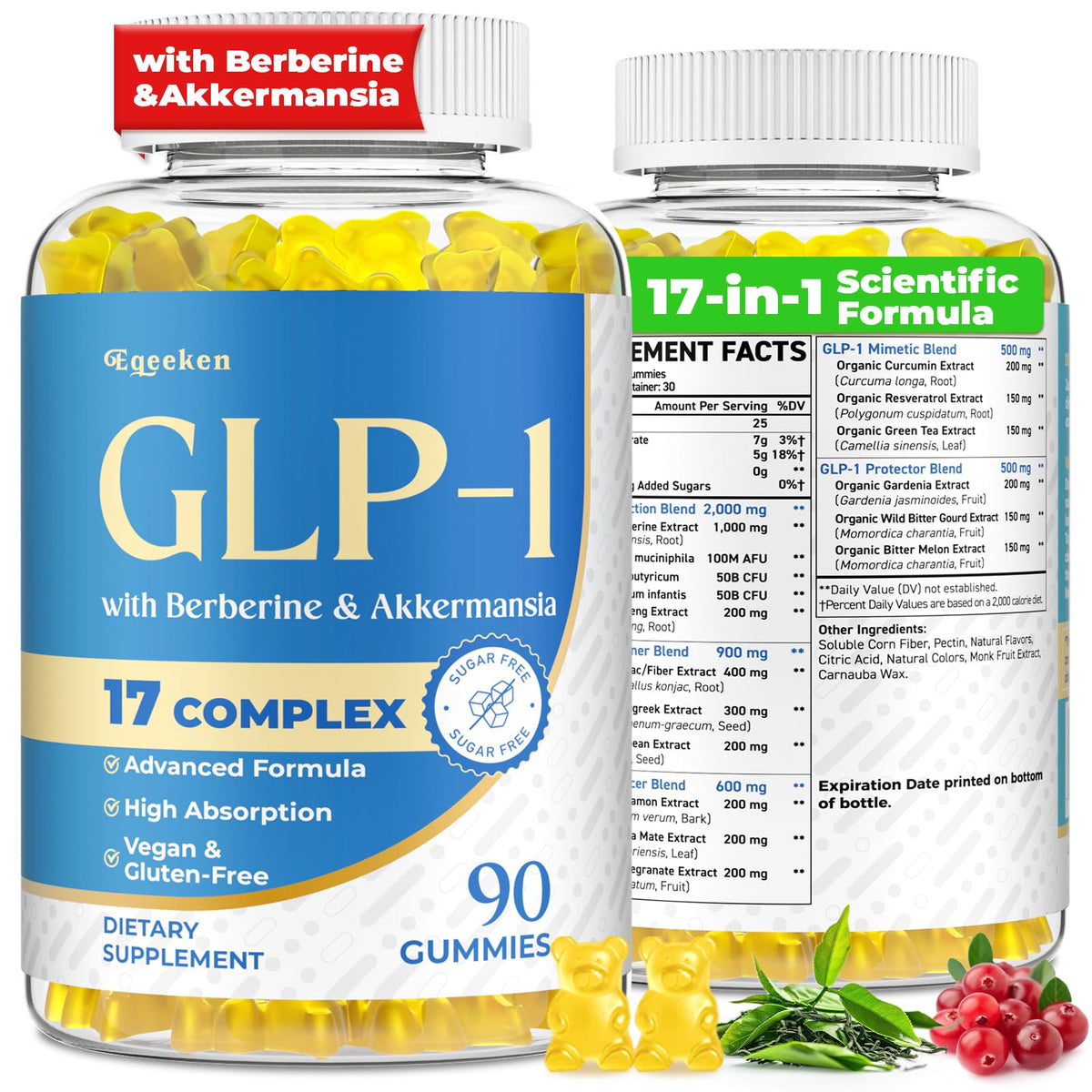 Eqeeken GLP-1 gominolas, botella visible, sabor yuzu para apoyo metabólico potencial.