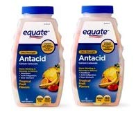 Equate tabletas antiácidas sabor tropical, empaque frontal, posible alivio de malestar ocasional.