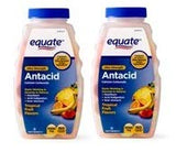 Equate tabletas antiácidas sabor tropical, empaque frontal, posible alivio de malestar ocasional.