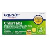 Equate Chlortabs: visual de tabletas en empaque de 100, posible alivio temporal de síntomas alérgicos.