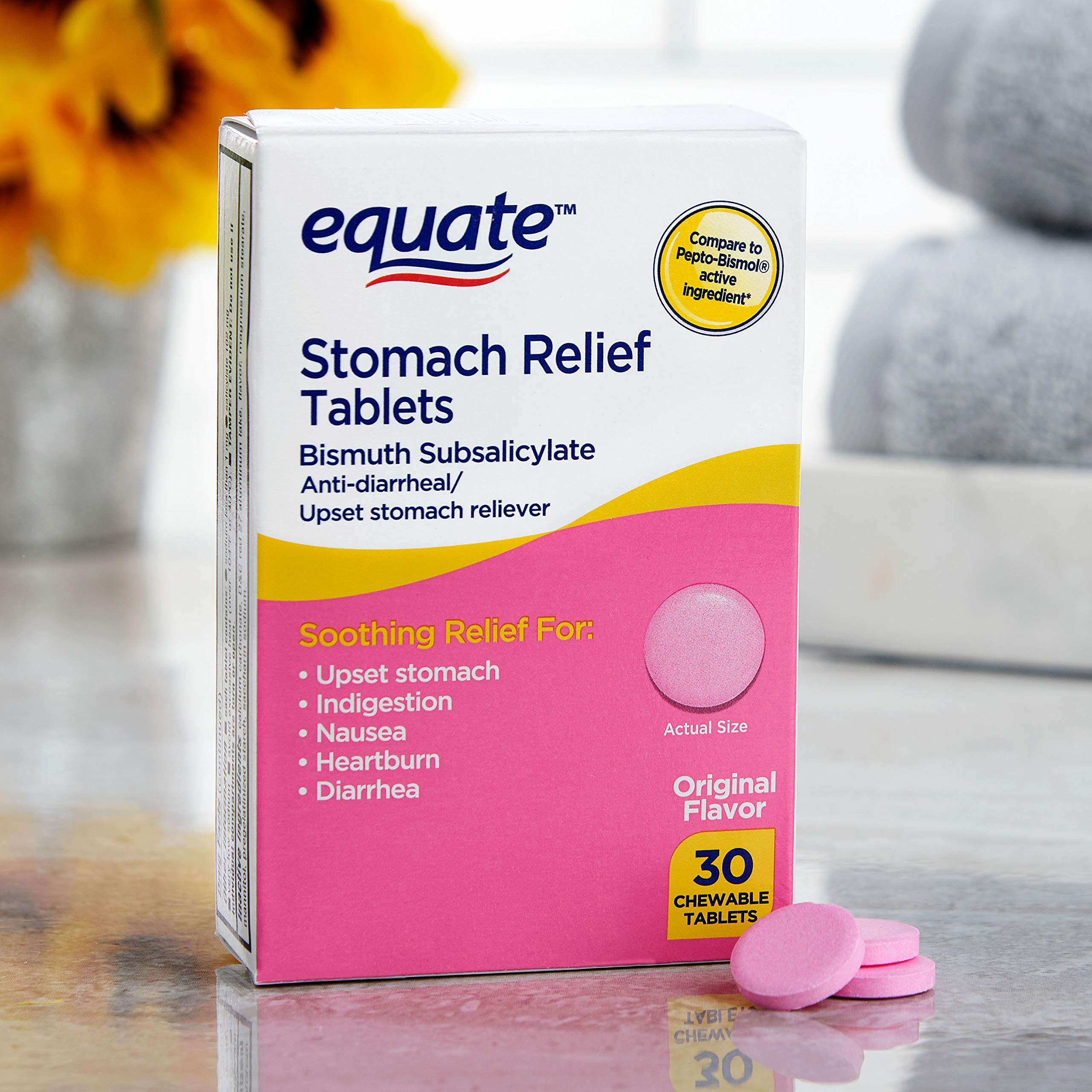 Equate tableta masticable con bismuto subsalicilato para malestares estomacales