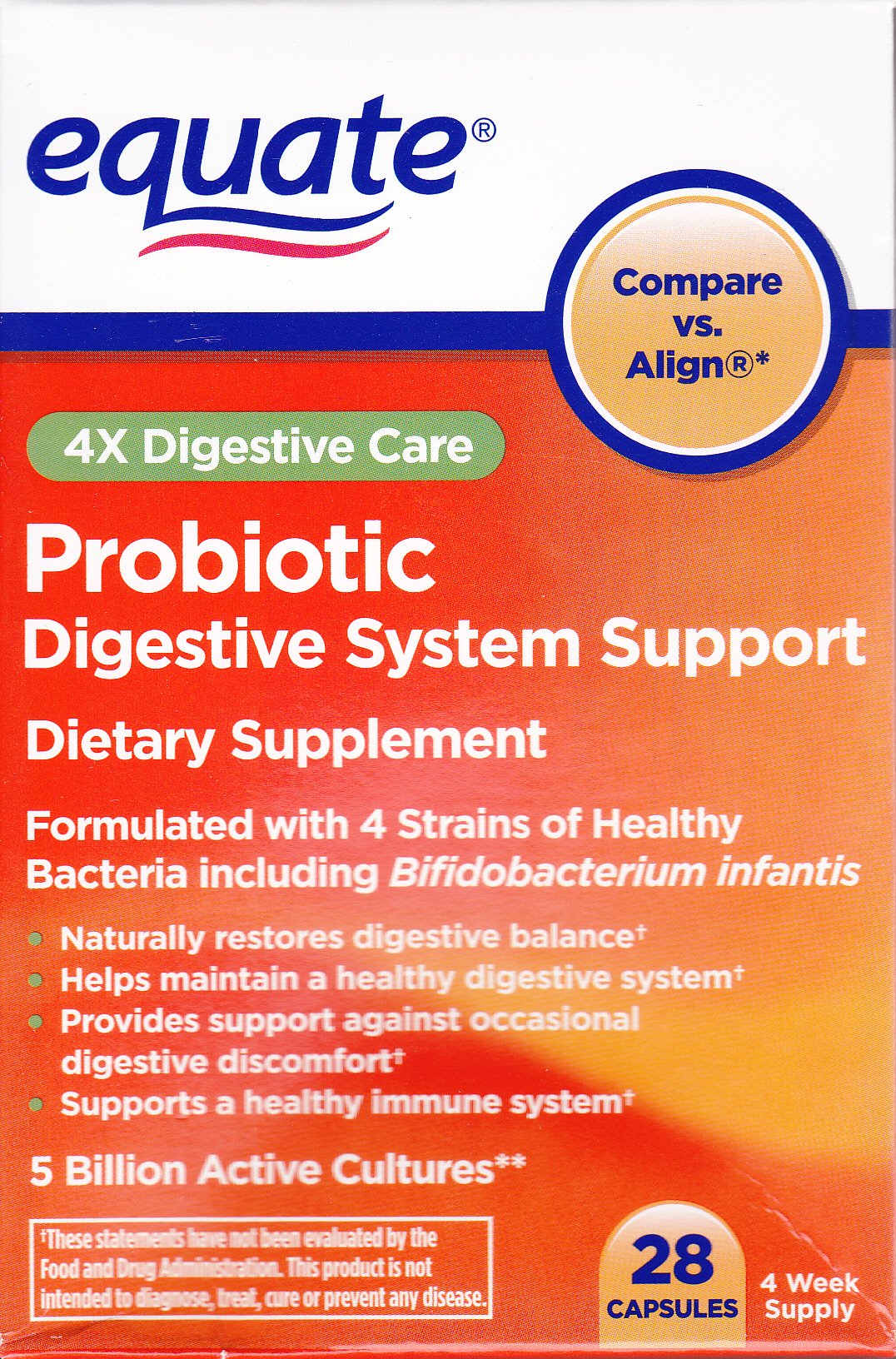Equate Probiótico: frasco para equilibrio digestivo diario.
