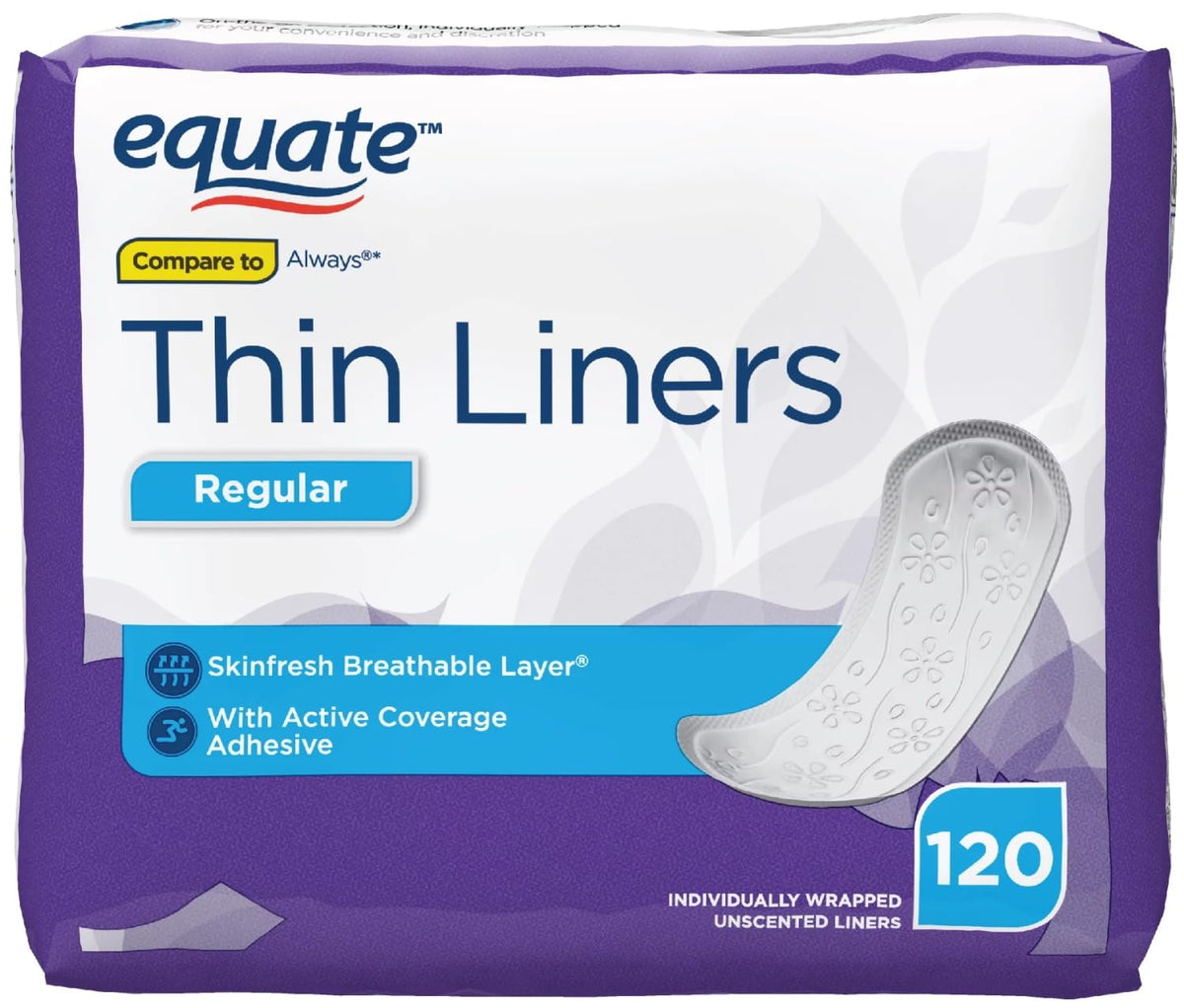Equate Protectores Diarios Finos, paquete 120, listo para llevar discreto