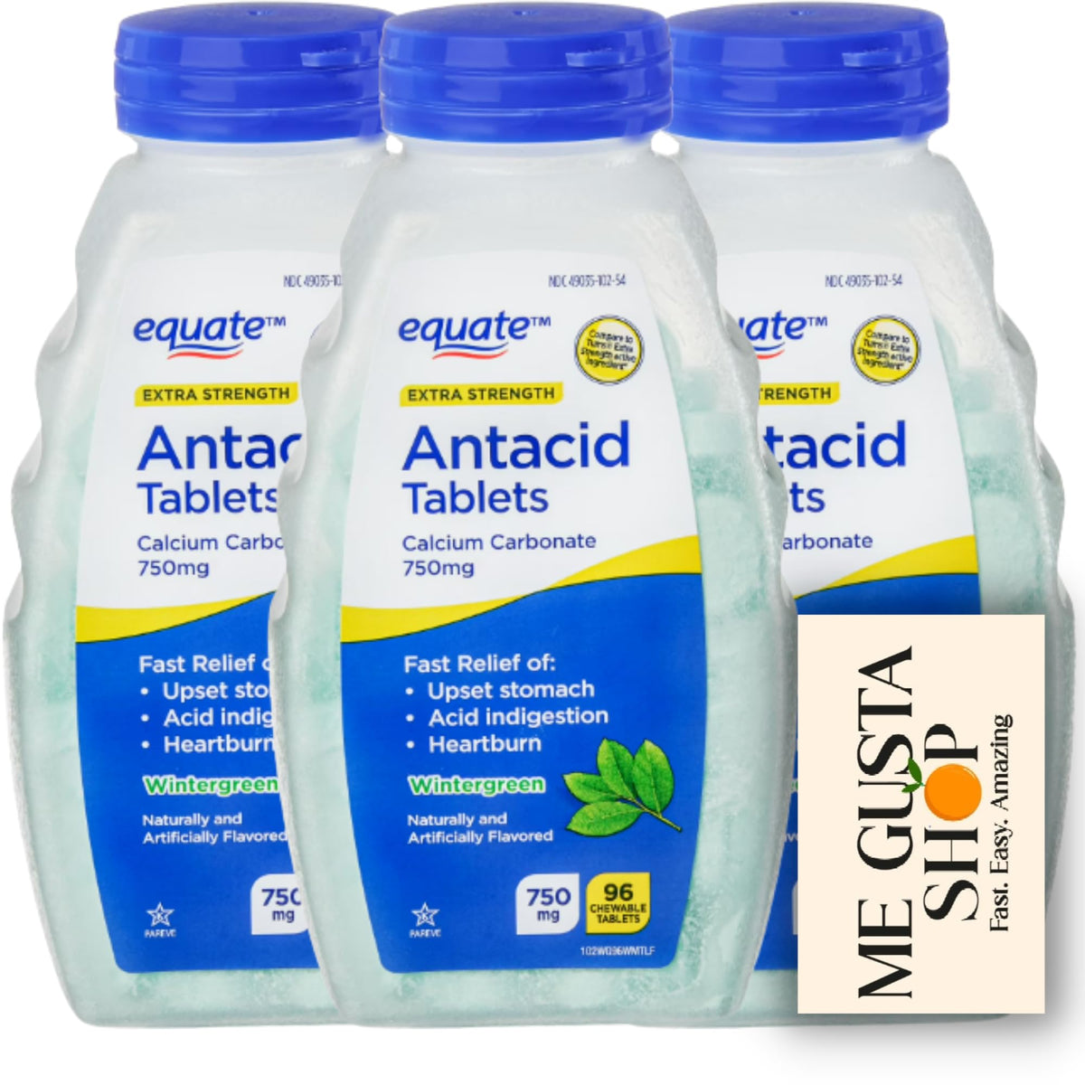 Tabla Equate de antiácidos masticables, sabor menta de invierno, 750 mg, lista para usar.