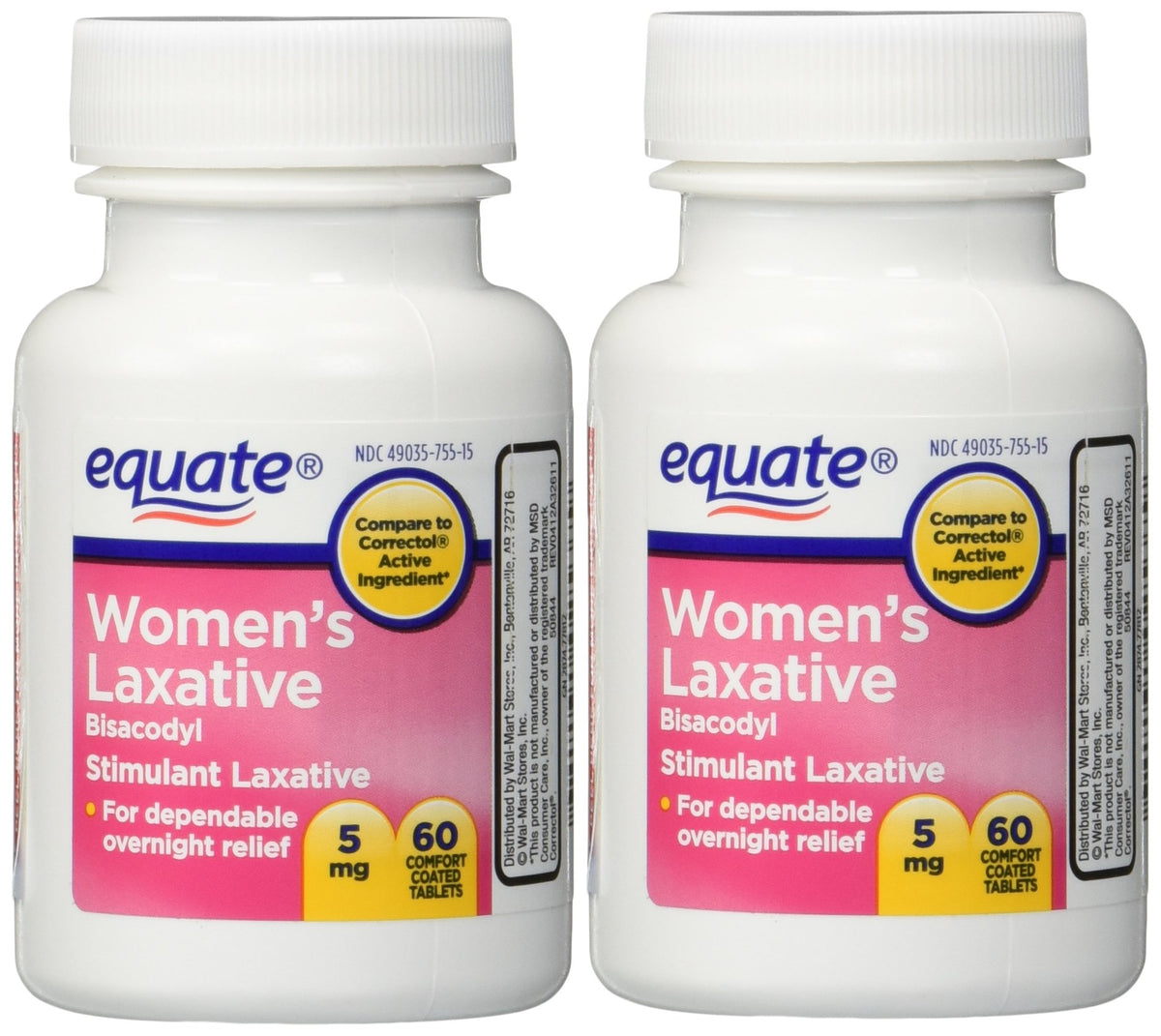 Equate tabletas laxantes bisacodyl 5 mg, empaque doble, alivio ocasional del estreñimiento.