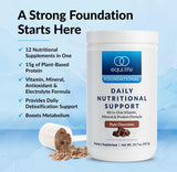 Equilife diario nutricional batido de chocolate en vaso para energía diaria.