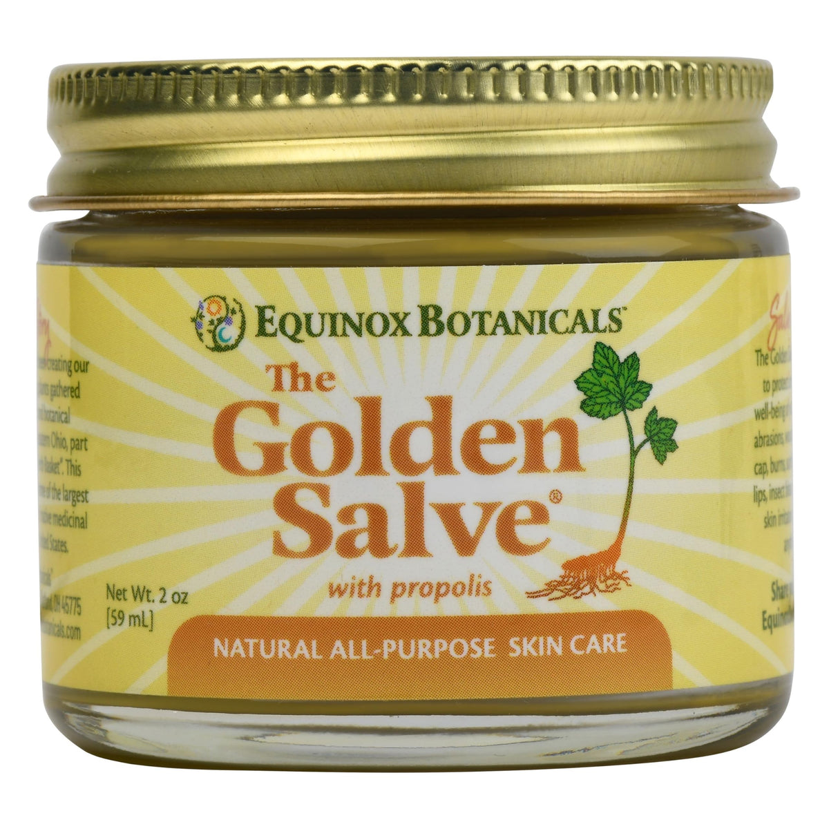 Equinox Botanicals Salve Dorada, frasco de 59 ml para cuidado diario de la piel.