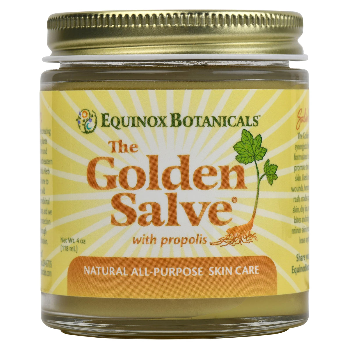 Equinox Botanicals Ungüento Dorado, empaque elegante para hidratación diaria de la piel