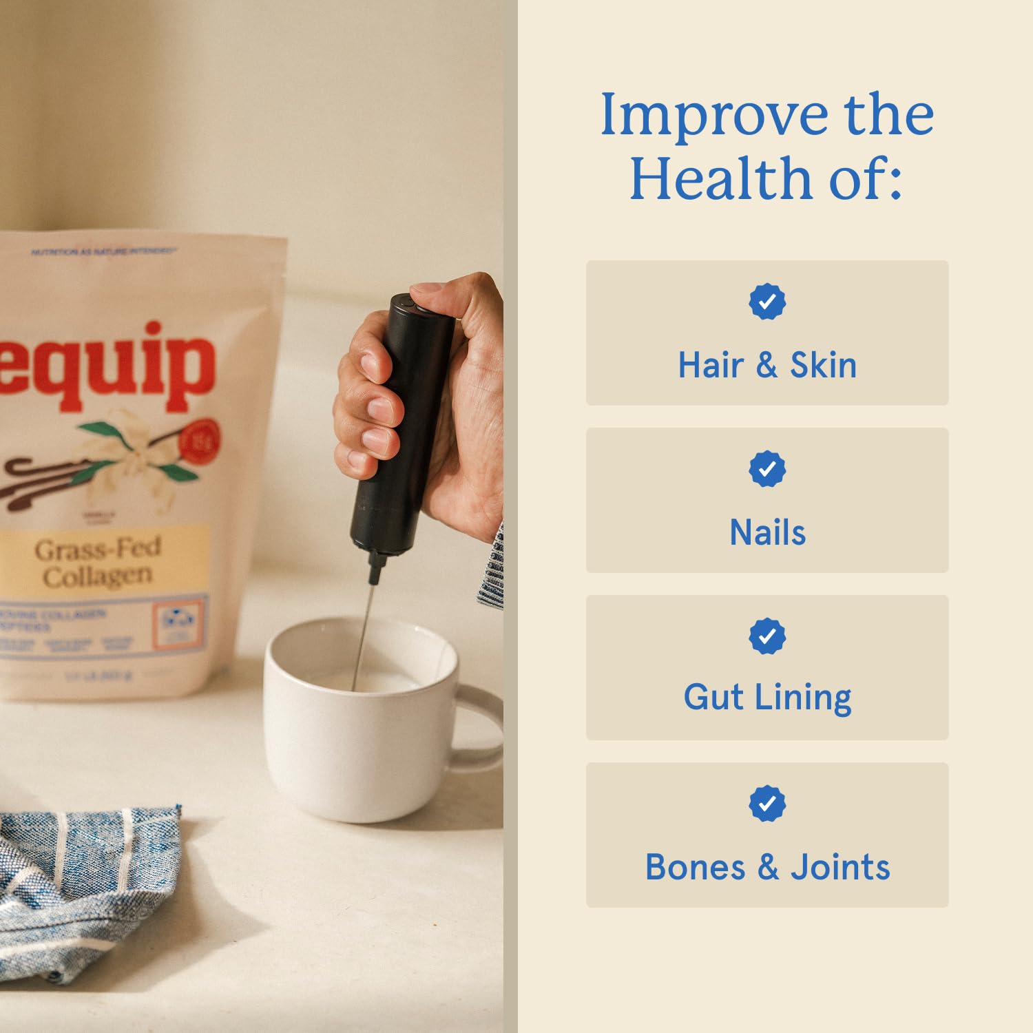 Equip Foods Colágeno de res, bote transparente con etiqueta de calidad
