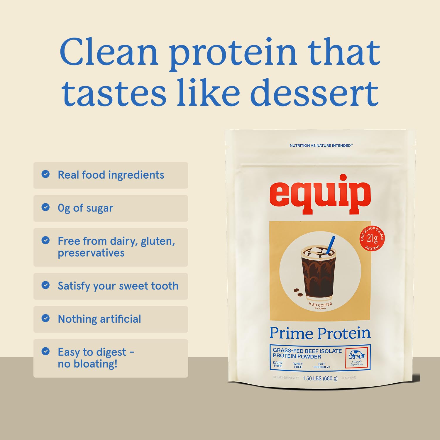 Equip Prime Protein etiqueta sin azúcar, opción de dieta limpia.