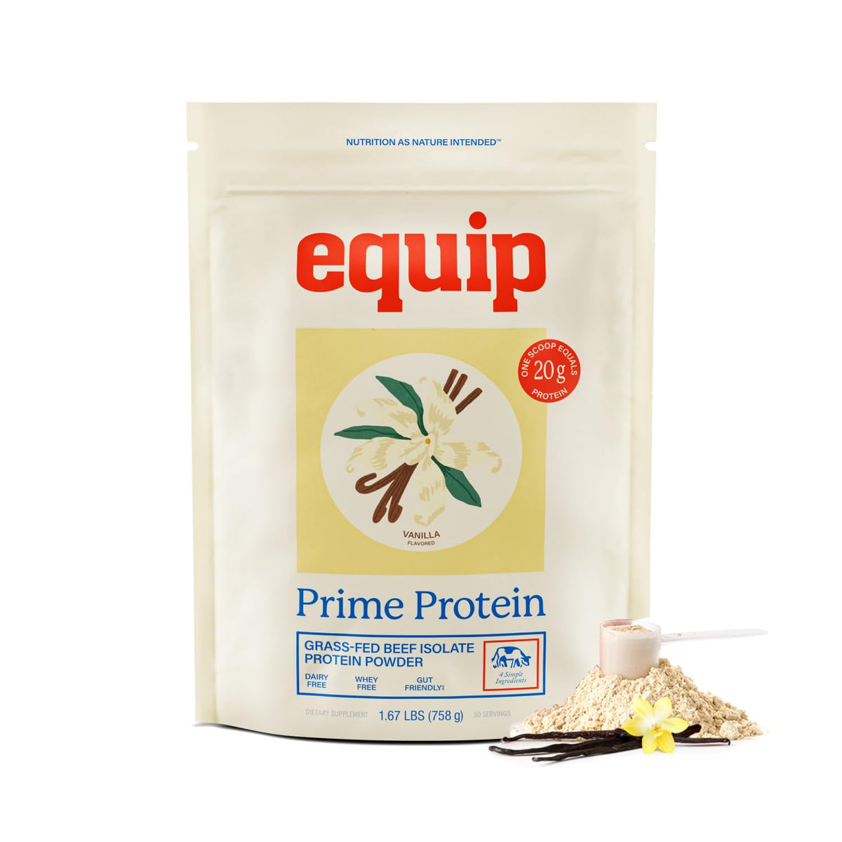 Envase vainilla de Equip Prime Protein Powder para batidos proteicos.