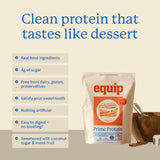 Etiqueta frontal de Equip Prime Protein Powder mostrando ingredientes limpios y sabor delicioso.