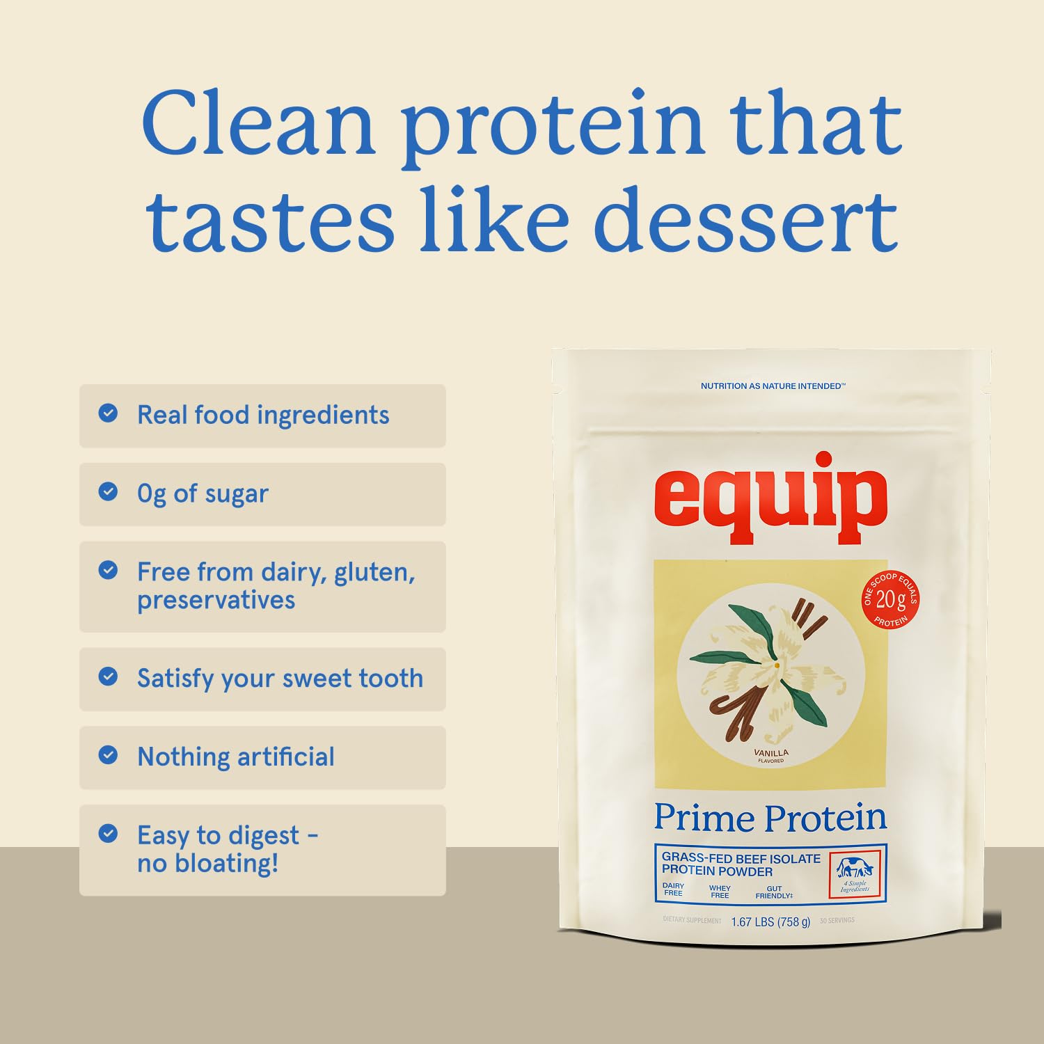 Porciones de 30 servicios de Equip Prime Protein Powder para nutrición diaria.