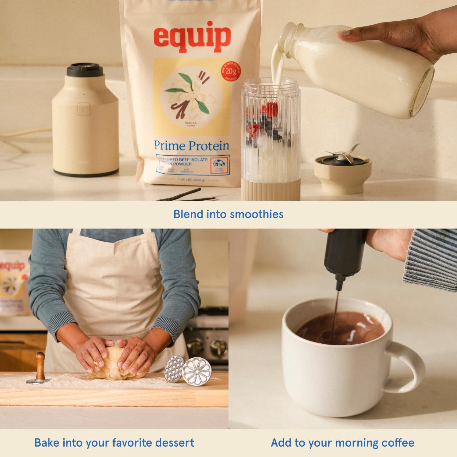 Sabor chocolate de Equip Prime Protein Powder en batido cremoso.