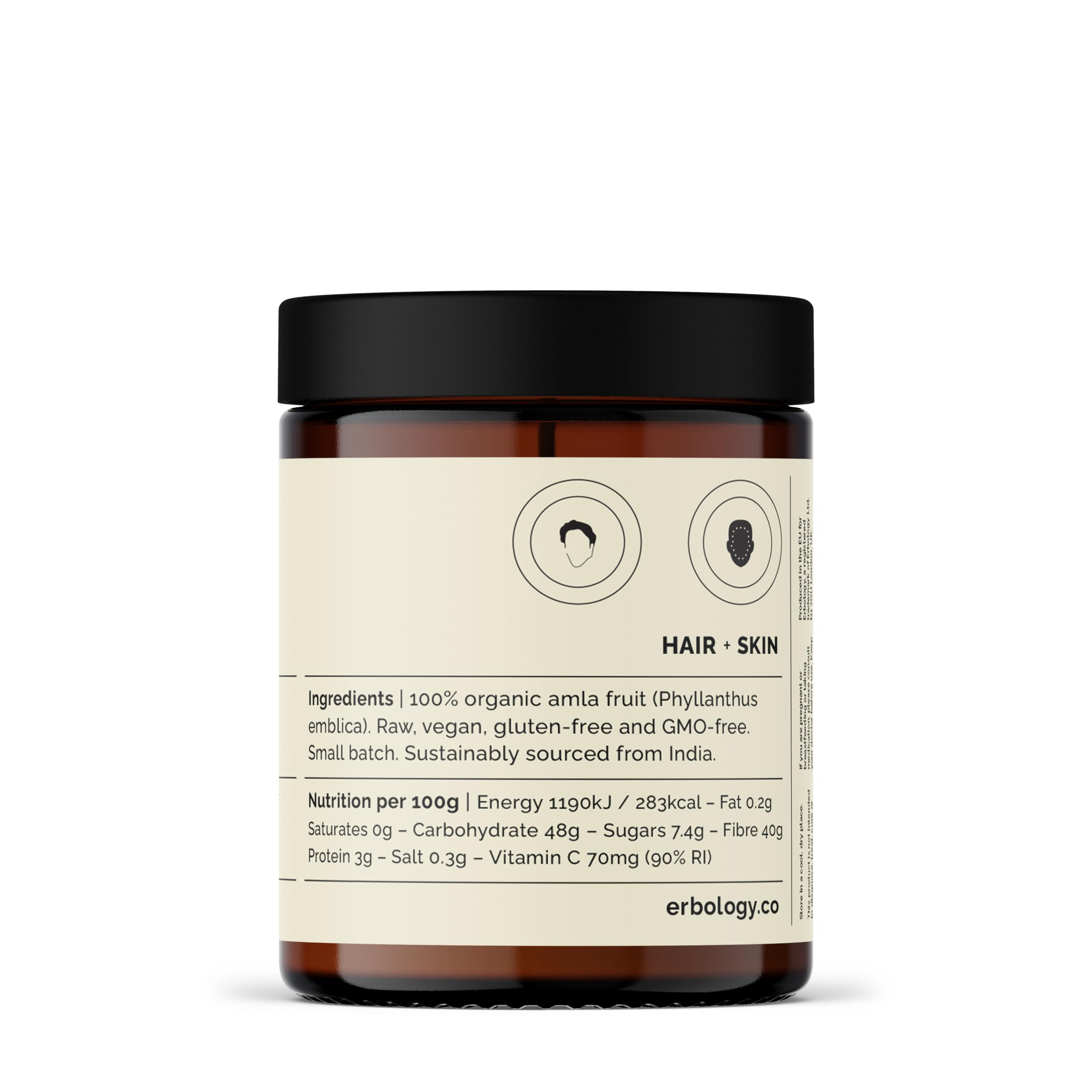 Erbology polvo de amla, mezcla para bebidas calientes con sabor natural.