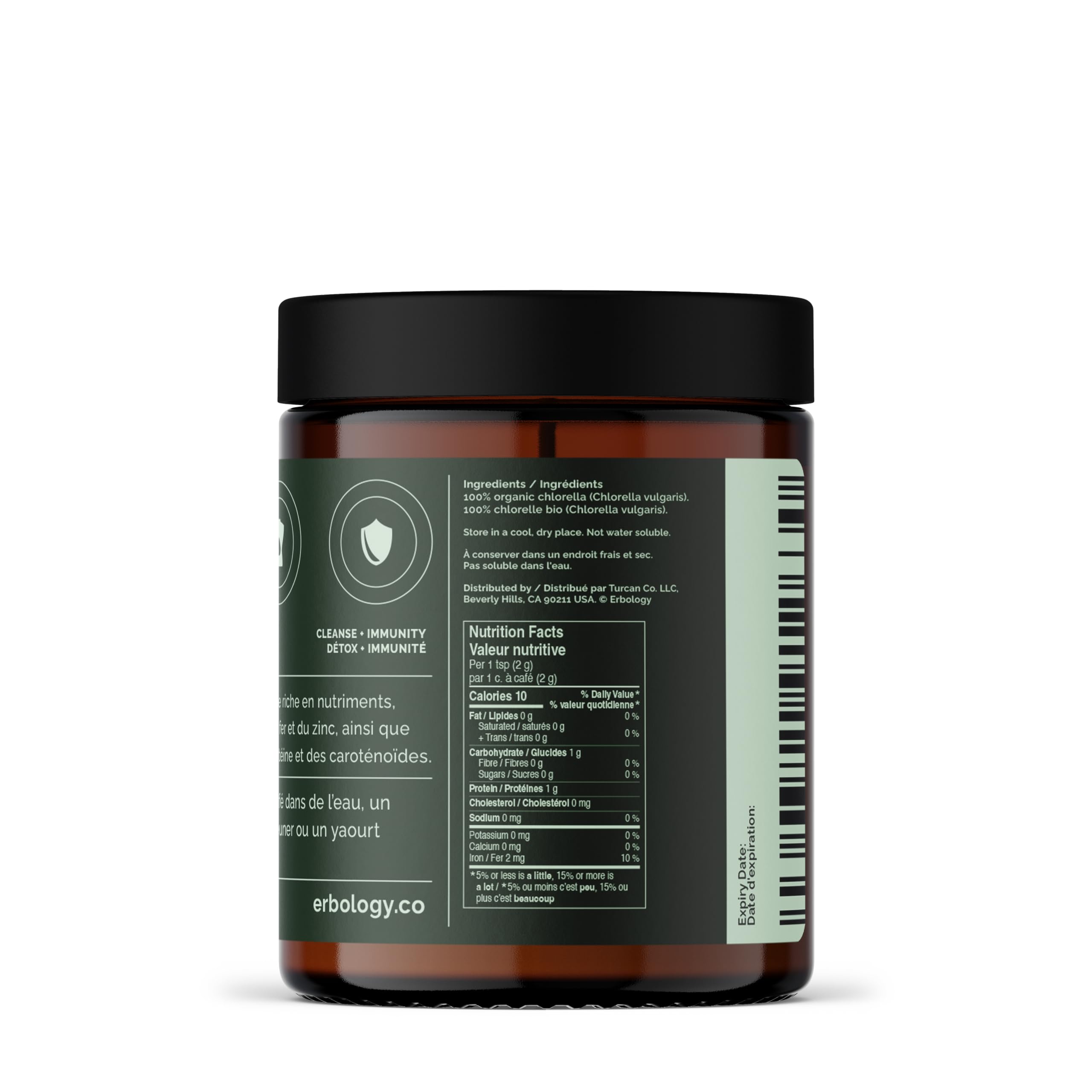 Erbology Chlorella en polvo, etiqueta nutricional clara para consulta rápida.