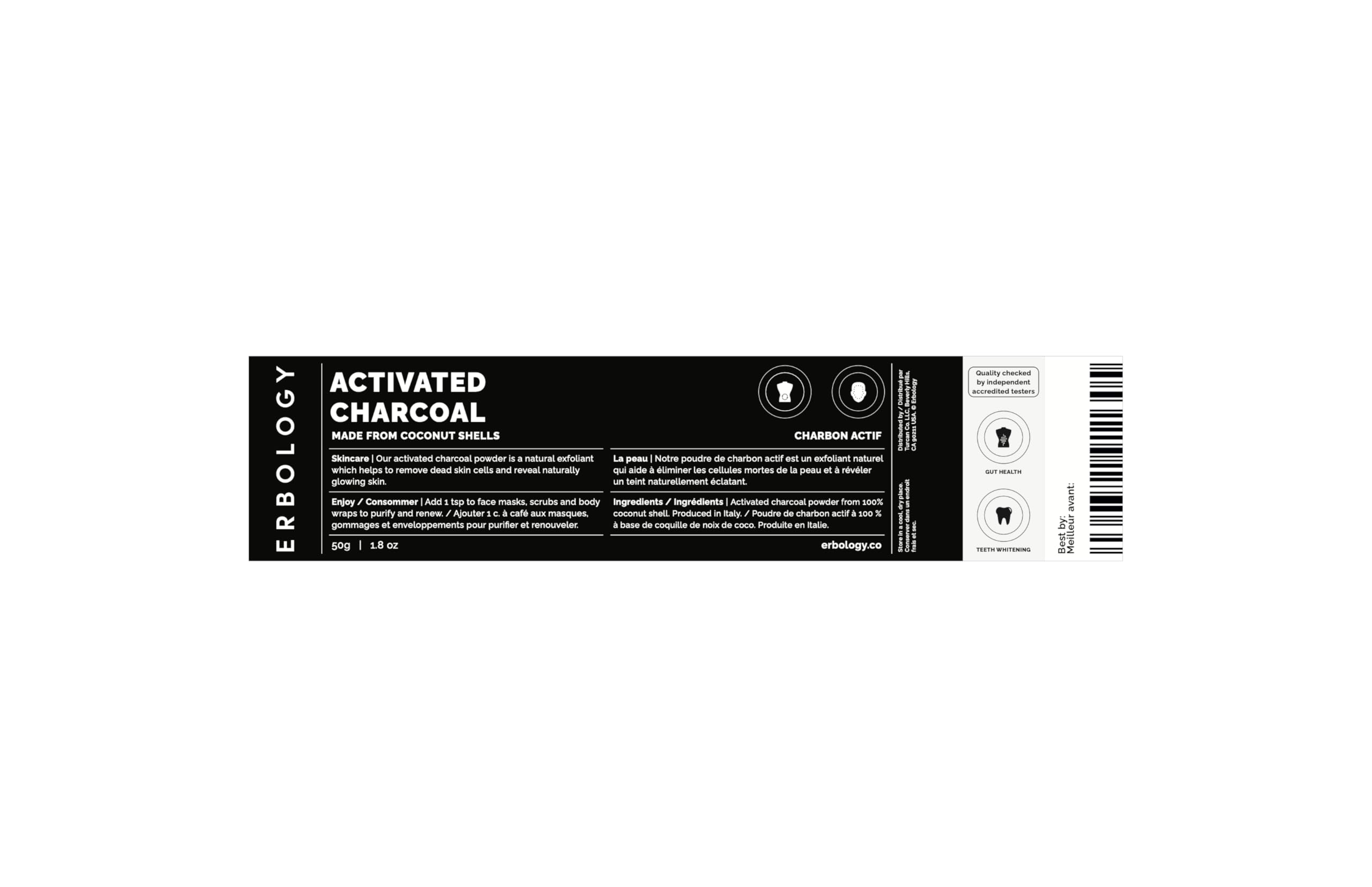 Erbology frasco con etiqueta clara, packaging reciclable.
