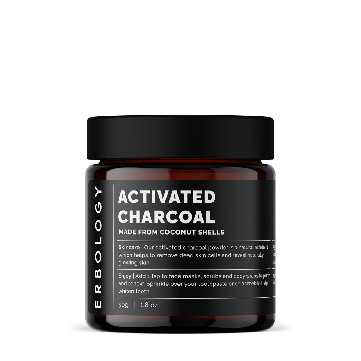 Erbology carbón activado para dientes, ofrece blanqueamiento suave.