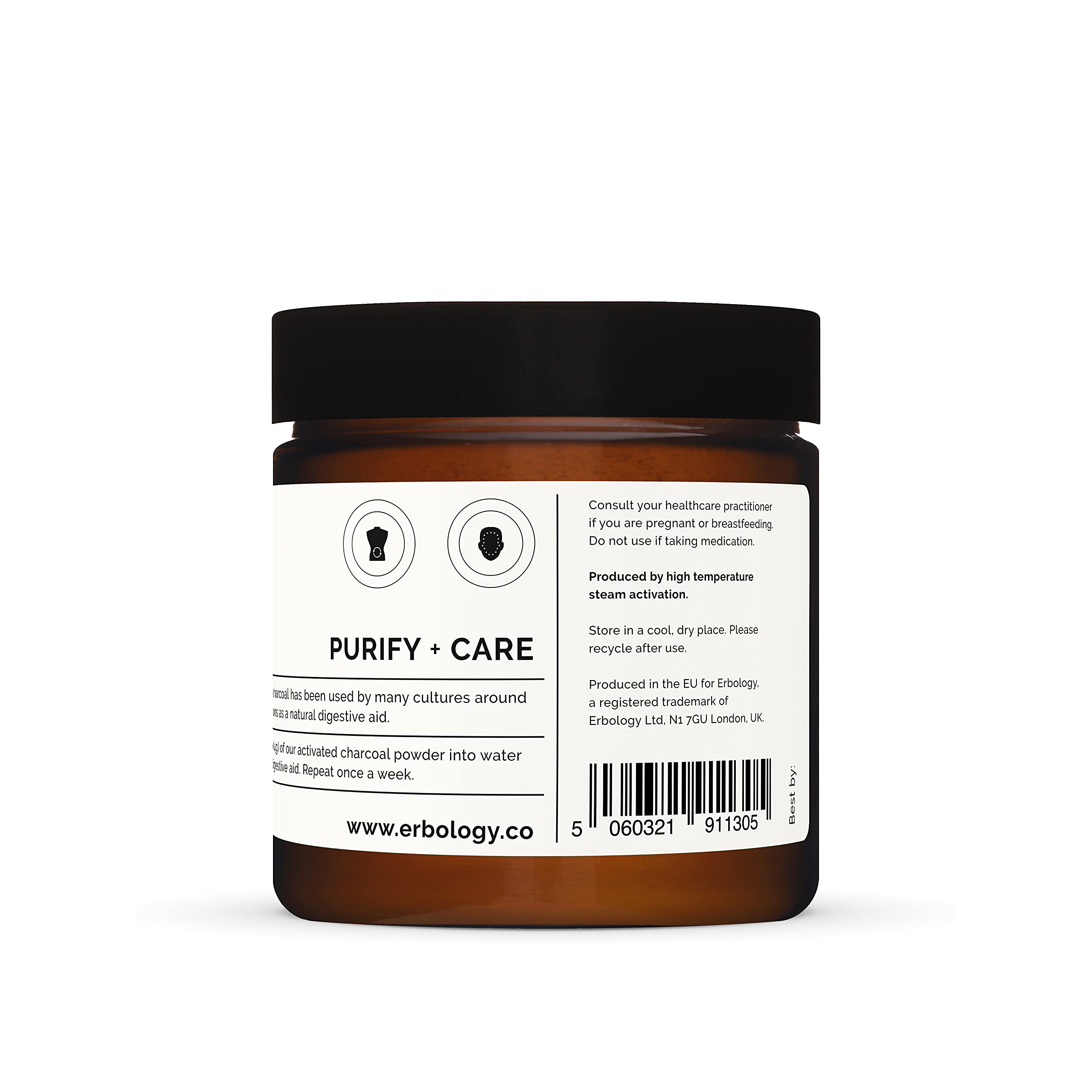 Erbology carbón activado para mascarillas faciales, exfoliación suave.