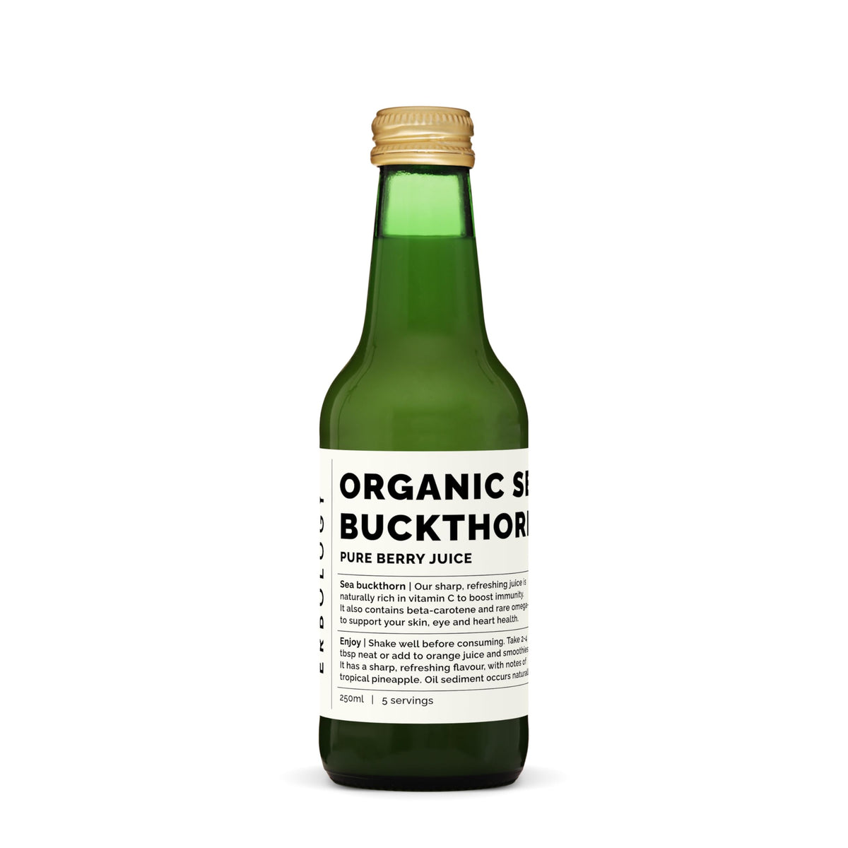 Erbology Zumo espino amarillo 250 ml botella: sabor cítrico para energía diaria.