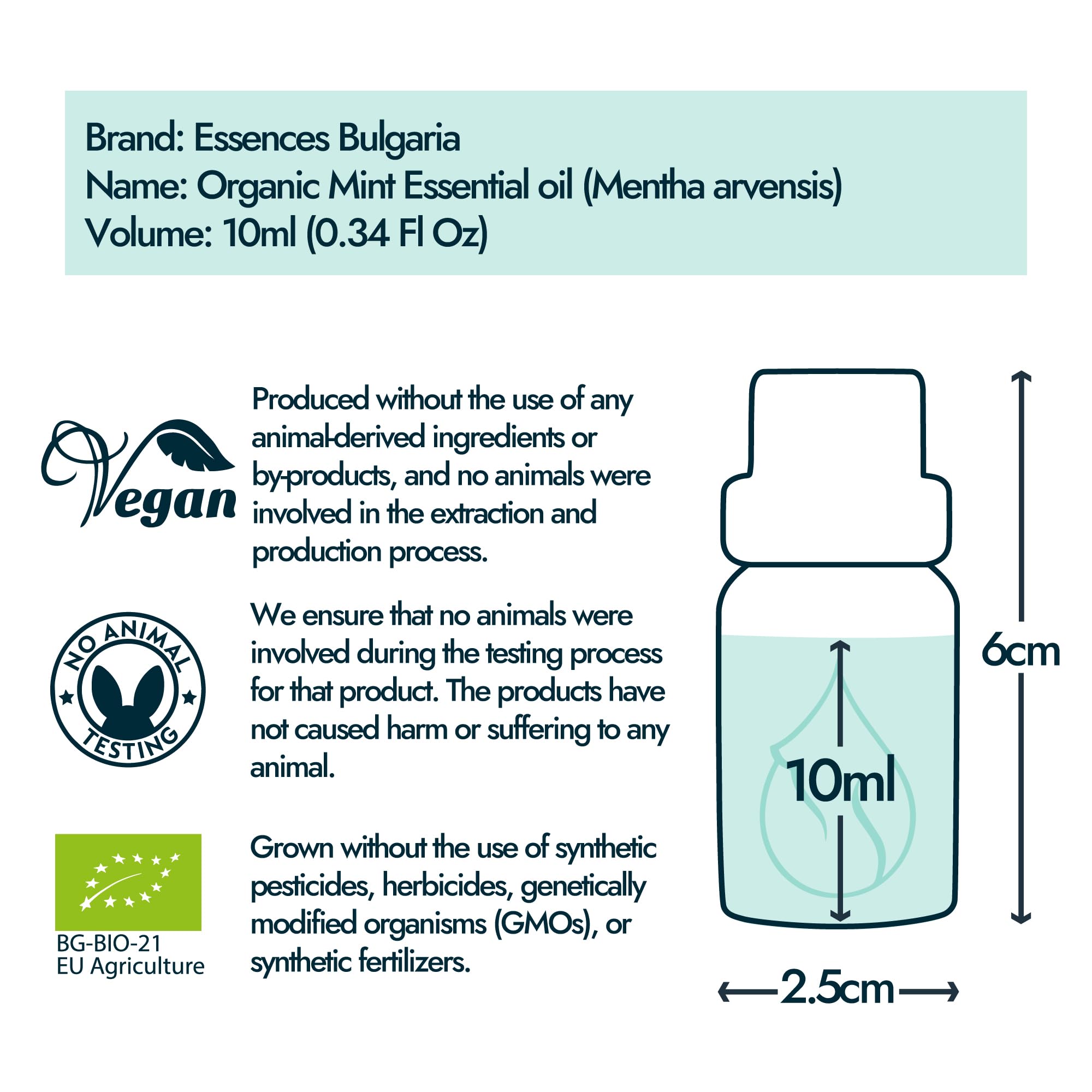 Essences Bulgaria Menta Arvensis etiqueta orgánica destaca origen y pureza.