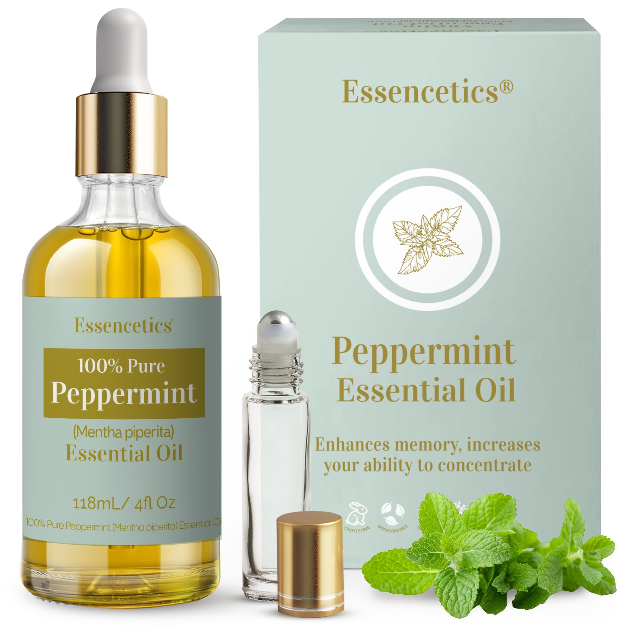 Essencetics Menta, botella con gotero para un uso preciso en aromaterapia y cuidado de la piel.