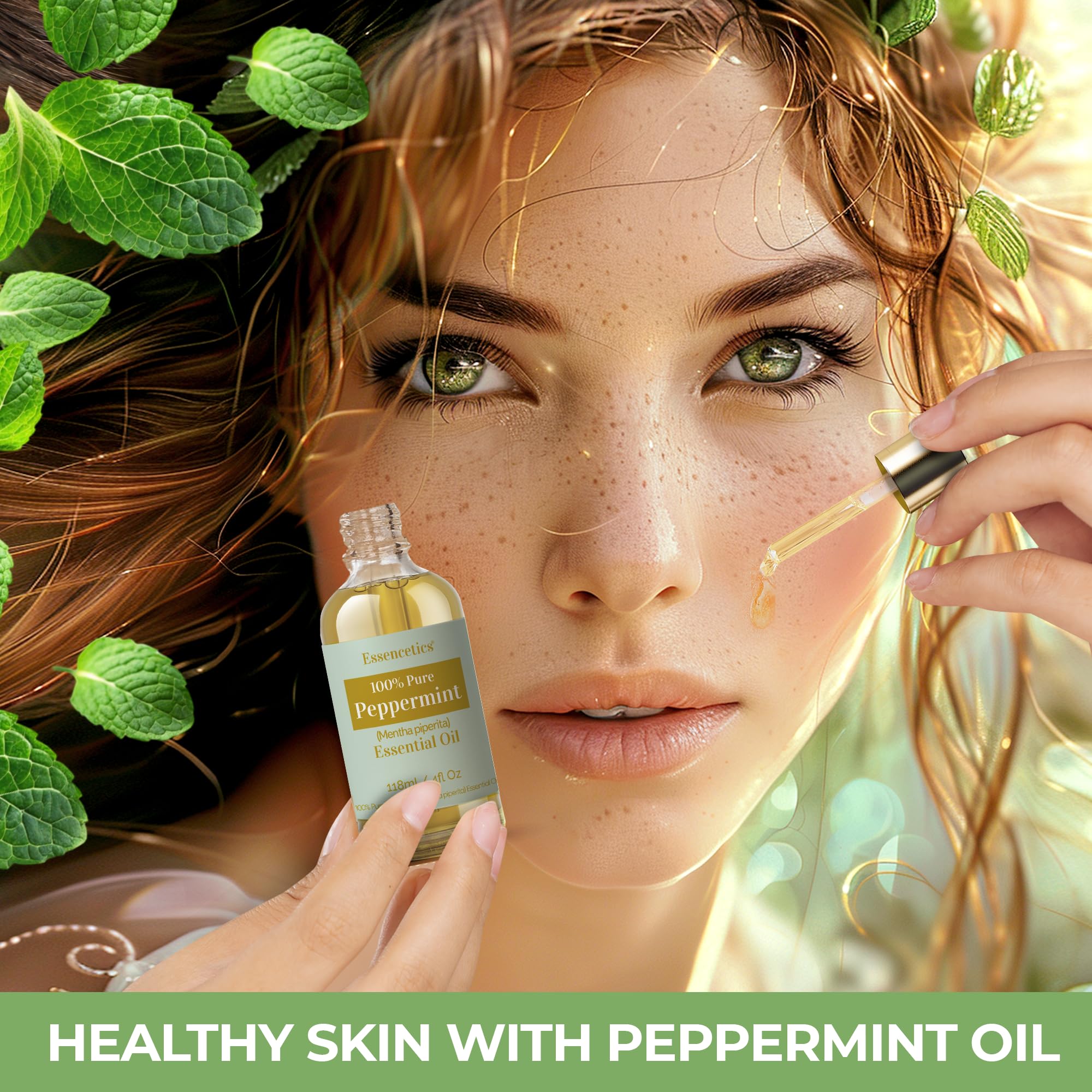 Essencetics Menta, aceite cayendo en palma para pruebas de aplicación suave.