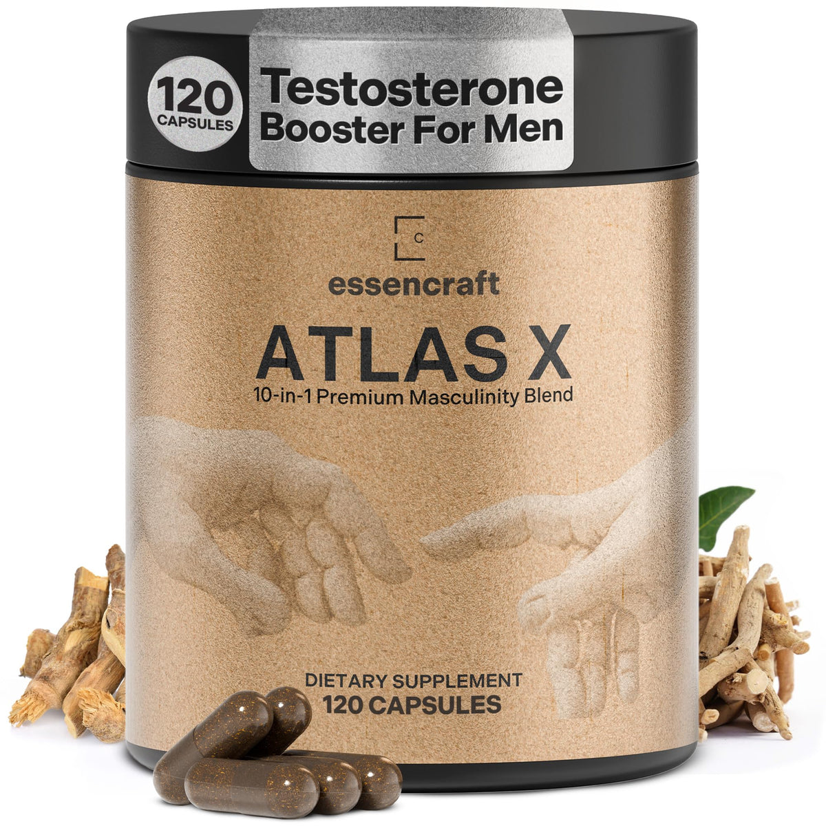 Atlas X de Essencraft, botella de cápsulas para energía sostenida y vitalidad diaria.