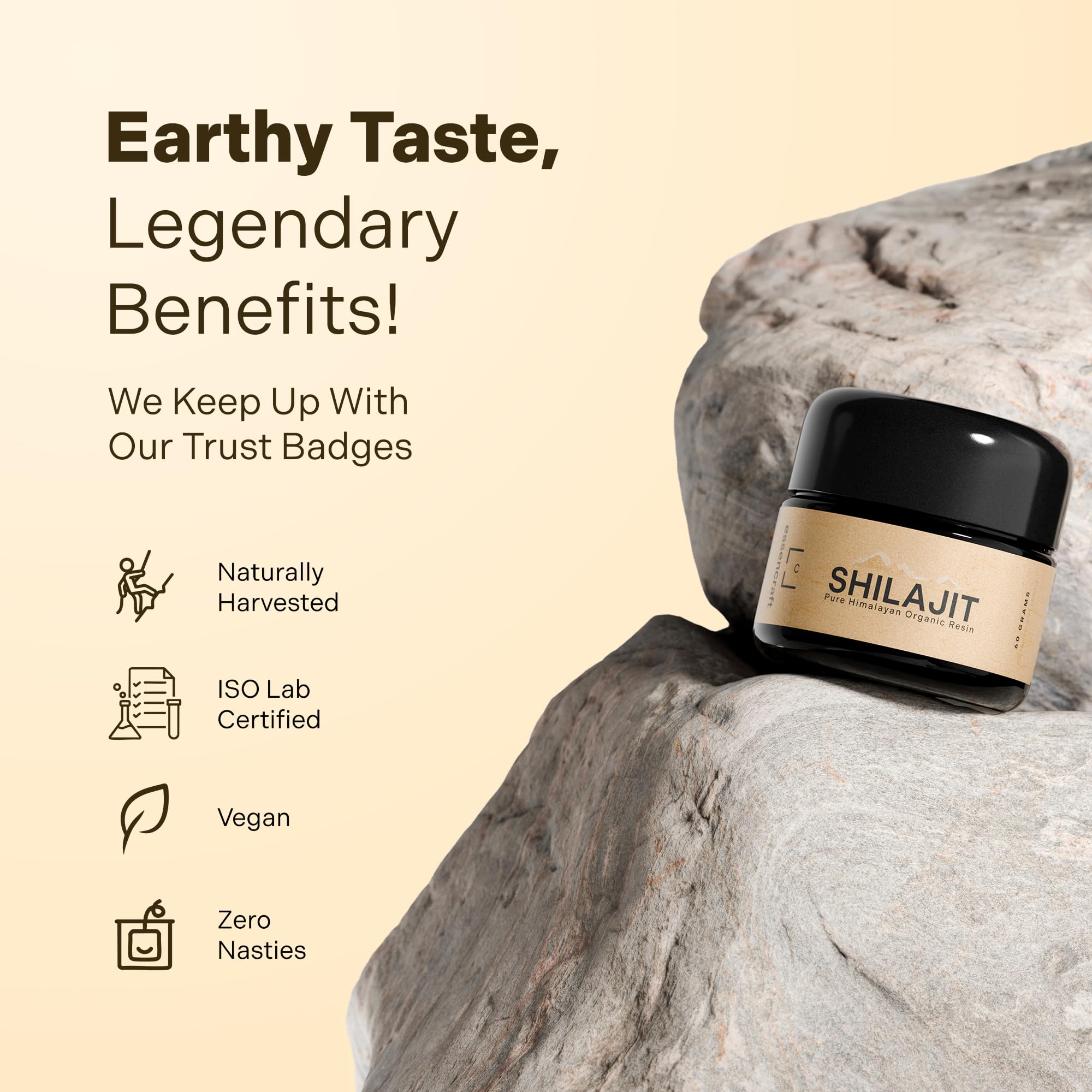 Essencraft Shilajit resin label and packaging communicates lab-tested purity and safety