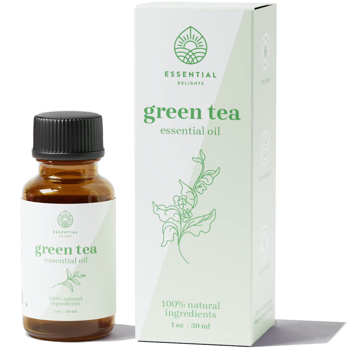 Essential Delights aceite esencial té verde en botella, ideal para aromaterapia y difusores.