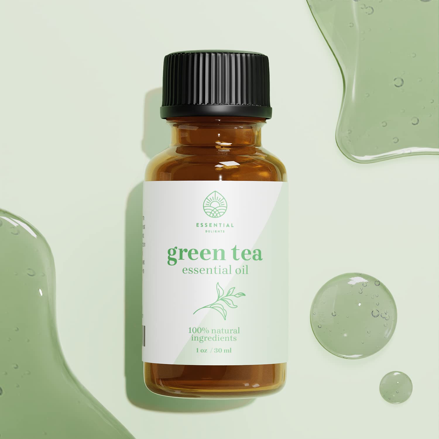 Etiqueta del aceite esencial té verde Essential Delights, perfecta para cosmética casera.