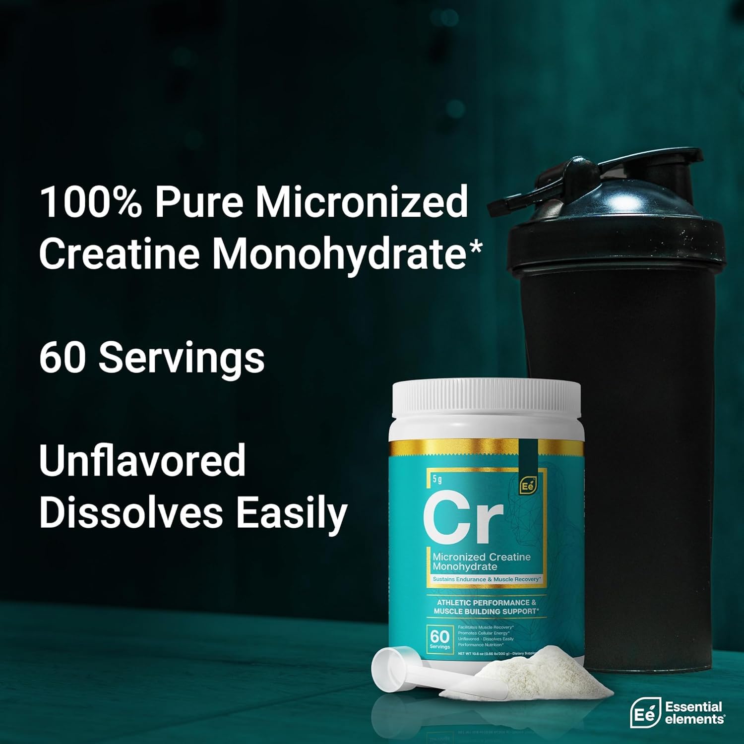 Essential Elements Creatina Monohidrato Micronizada, 60 porciones para uso diario.