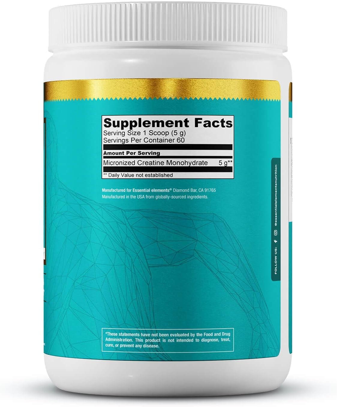 Essential Elements Creatina Monohidrato Micronizada, respaldada por pruebas de terceros.