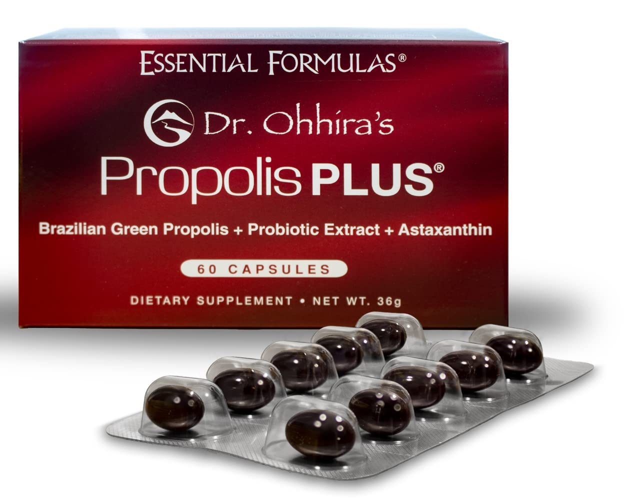Dr Ohhira's Propolis Plus en botella de cápsulas: apoyo al sistema inmune y bienestar diario.