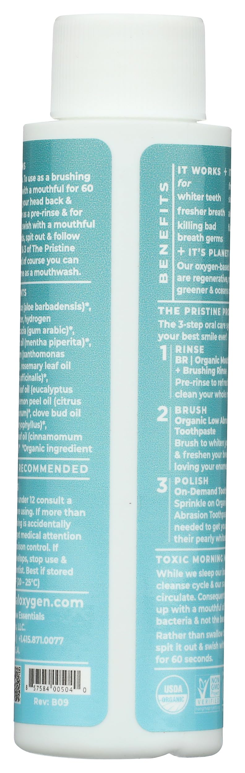 Essential Oxygen botella de enjuague bucal con menta orgánica, enfoque en el producto.